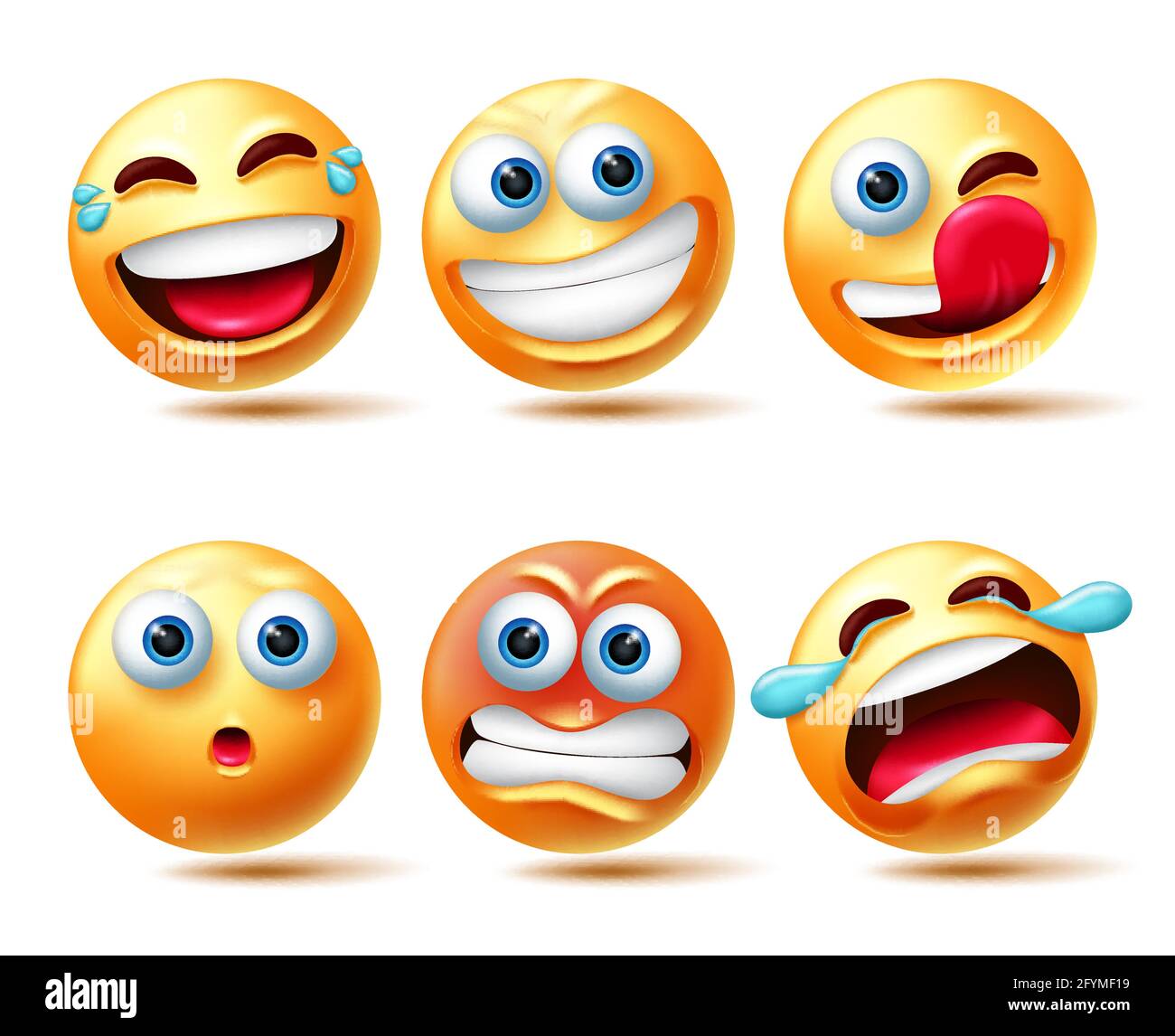 Set vettoriale emoticon smileys. Il carattere emojis 3d di Smiley in espressioni facciali come ridere, arrabbiato e piangere per la collezione di personaggi emoticon. Illustrazione Vettoriale