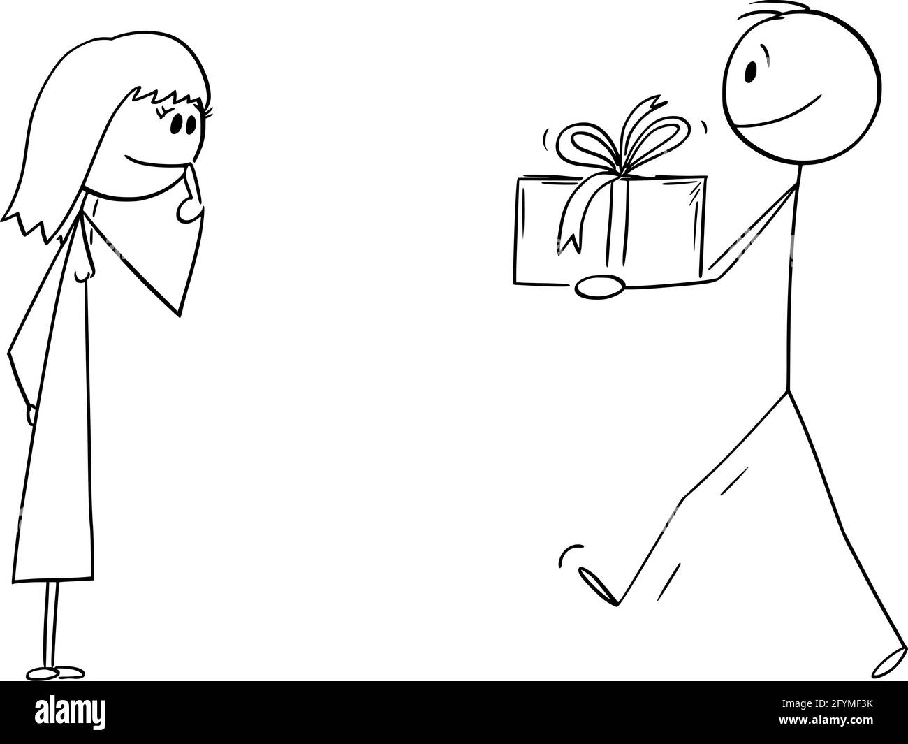 Uomo che dà regalo o regalo a donna o a ragazza, illustrazione di figura del bastone di Cartoon del vettore Illustrazione Vettoriale