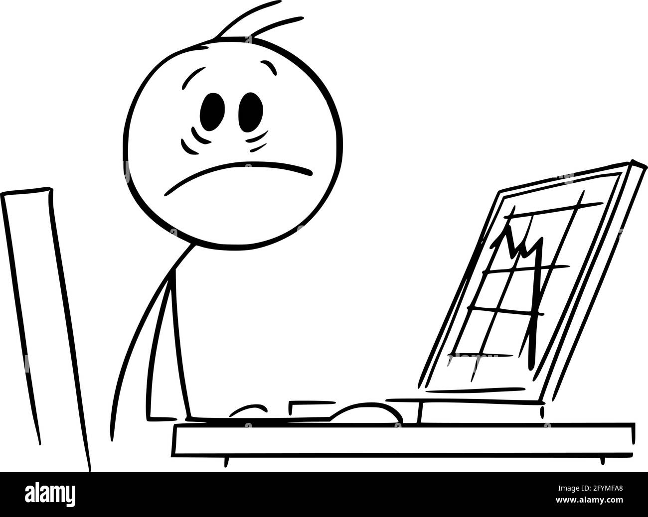 Uomo d'affari scioccato e Falling Graph su computer Display, Vector Cartoon Stick Figura Illustrazione Illustrazione Vettoriale