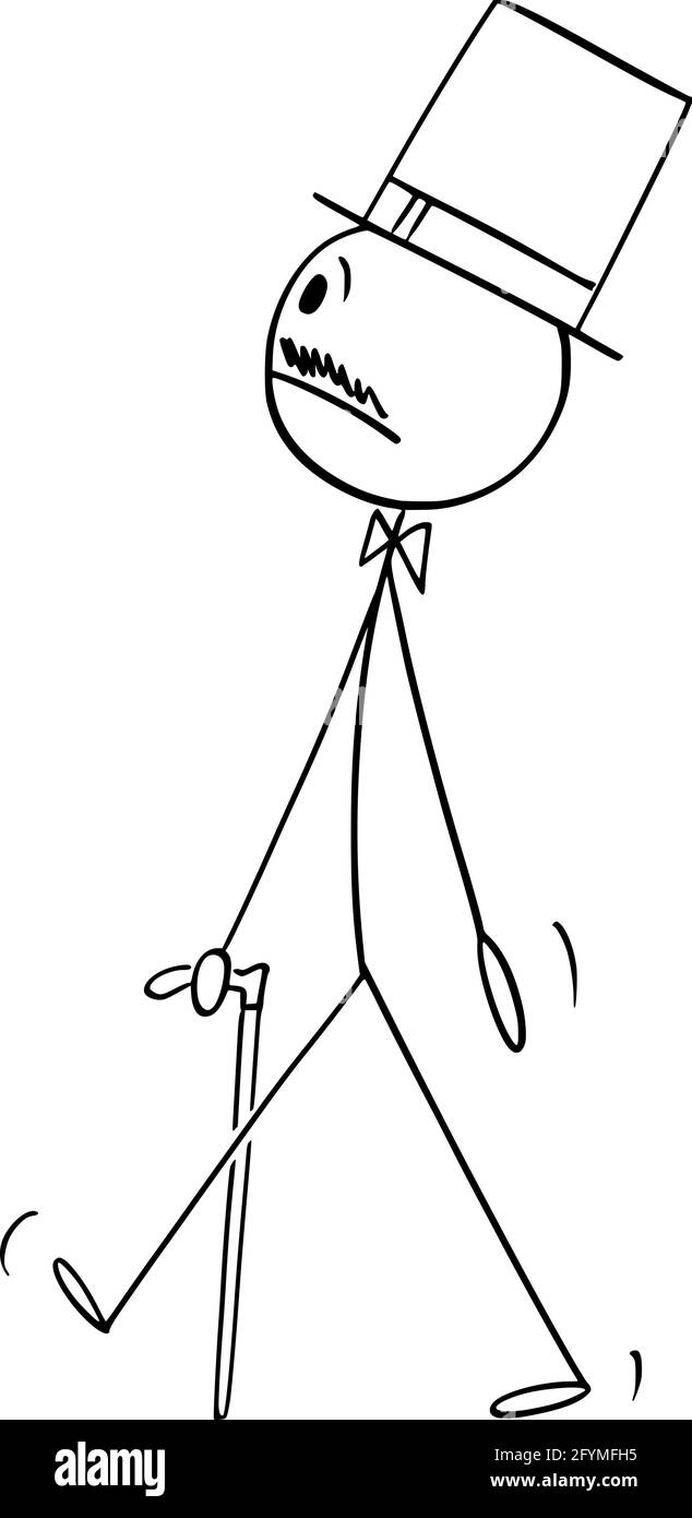 Nobleman Walking with Stick and Wearing Top Hat, illustrazione di Vector Cartoon Stick Figure Illustrazione Vettoriale