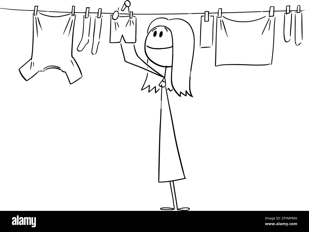 Uomo o donna appendendo vestiti puliti in linea usando i piedini, illustrazione della figura del bastone del cartone del vettore Illustrazione Vettoriale