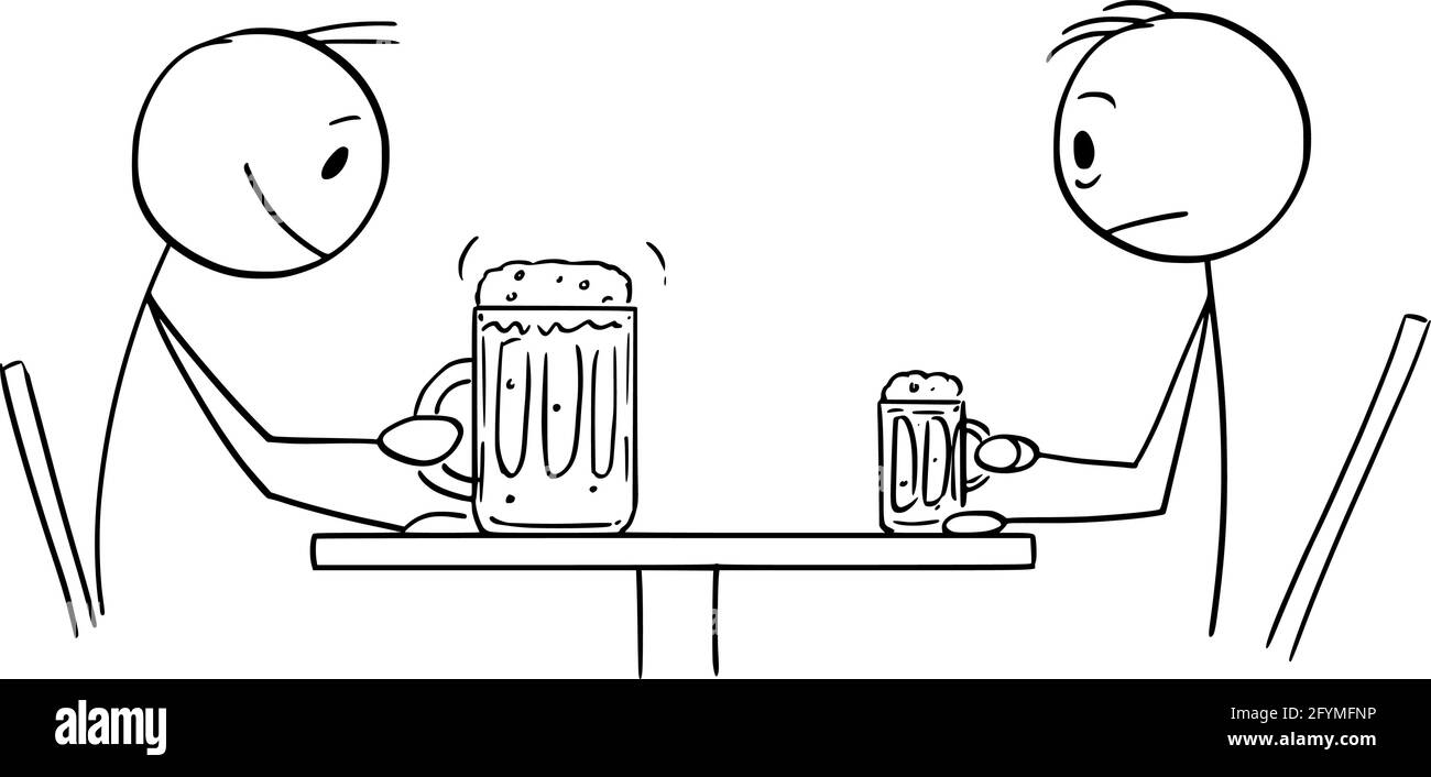 Persona frustrato bere birra piccola sta guardando bevanda grande di un altro cliente, illustrazione della figura del bastone del vettore di Cartoon Illustrazione Vettoriale