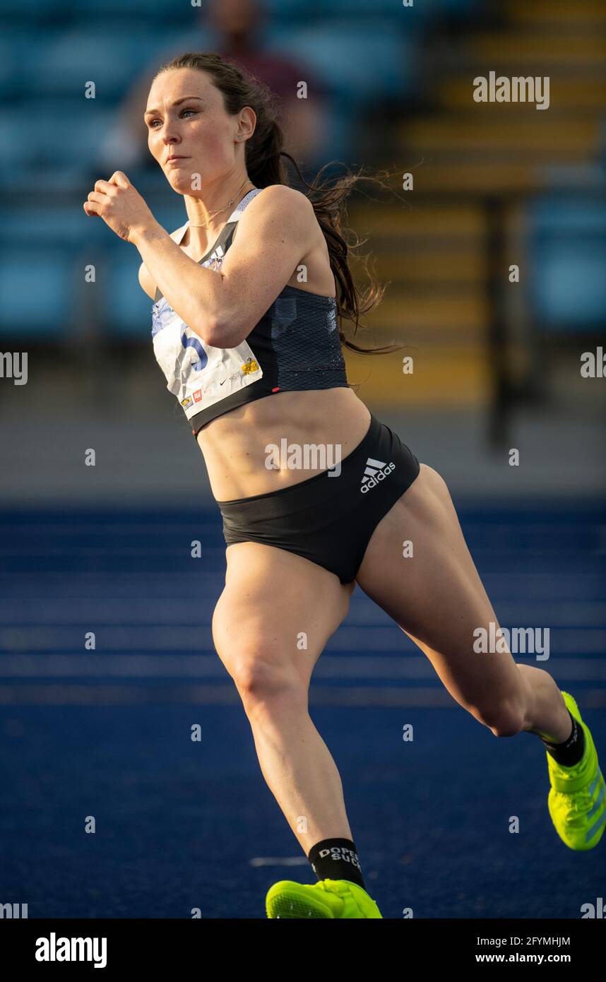 MANCHESTER - INGHILTERRA. 27 MAGGIO: Emily Borthwick in gara nel salto in alto durante l'evento di atletica internazionale di Manchester a SportCity, Manchester Foto Stock
