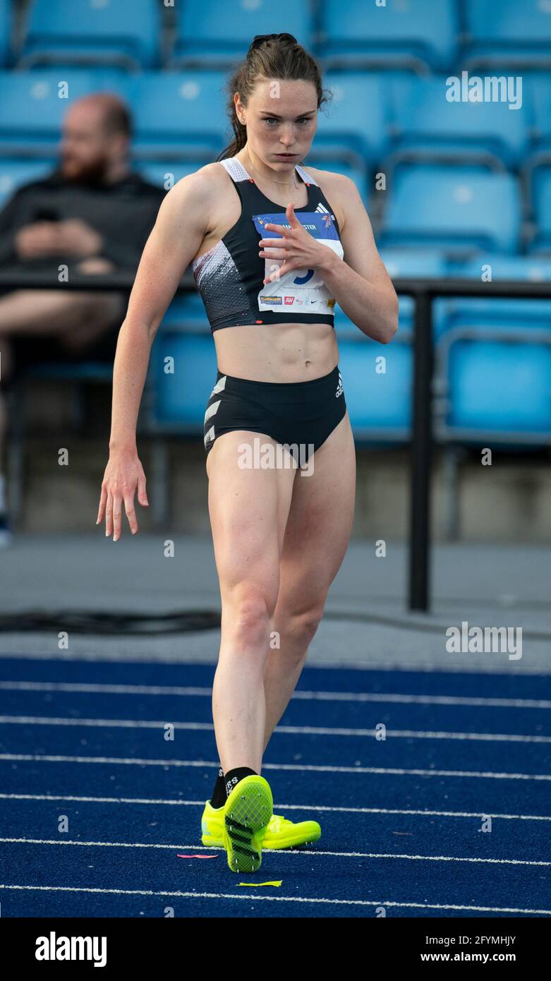 MANCHESTER - INGHILTERRA. 27 MAGGIO: Emily Borthwick in gara nel salto in alto durante l'evento di atletica internazionale di Manchester a SportCity, Manchester Foto Stock
