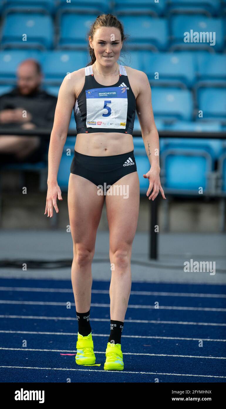 MANCHESTER - INGHILTERRA. 27 MAGGIO: Emily Borthwick in gara nel salto in alto durante l'evento di atletica internazionale di Manchester a SportCity, Manchester Foto Stock