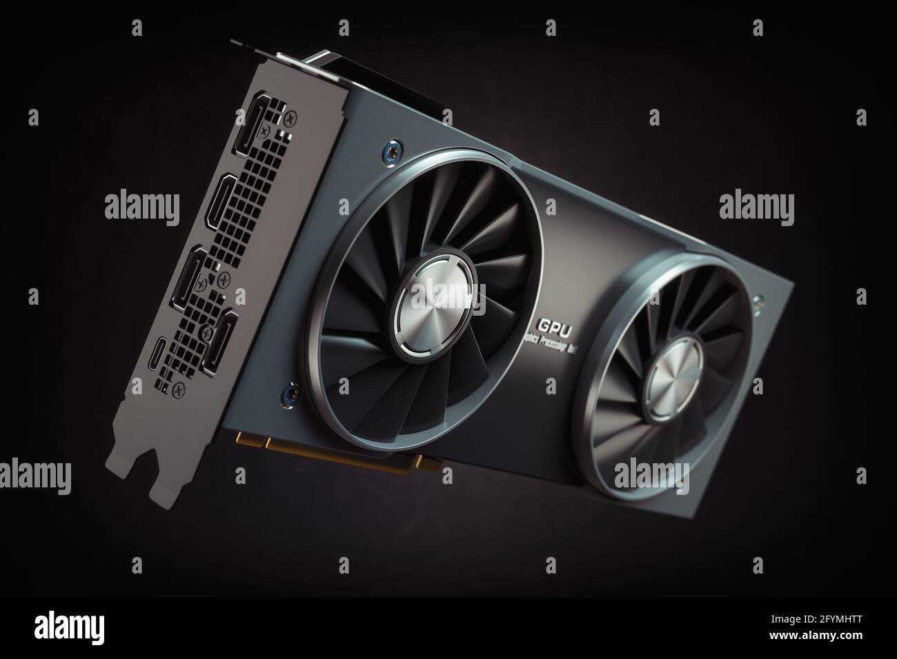 Scheda grafica. Moderna unità di elaborazione grafica GPU per giochi nera. illustrazione 3d Foto Stock