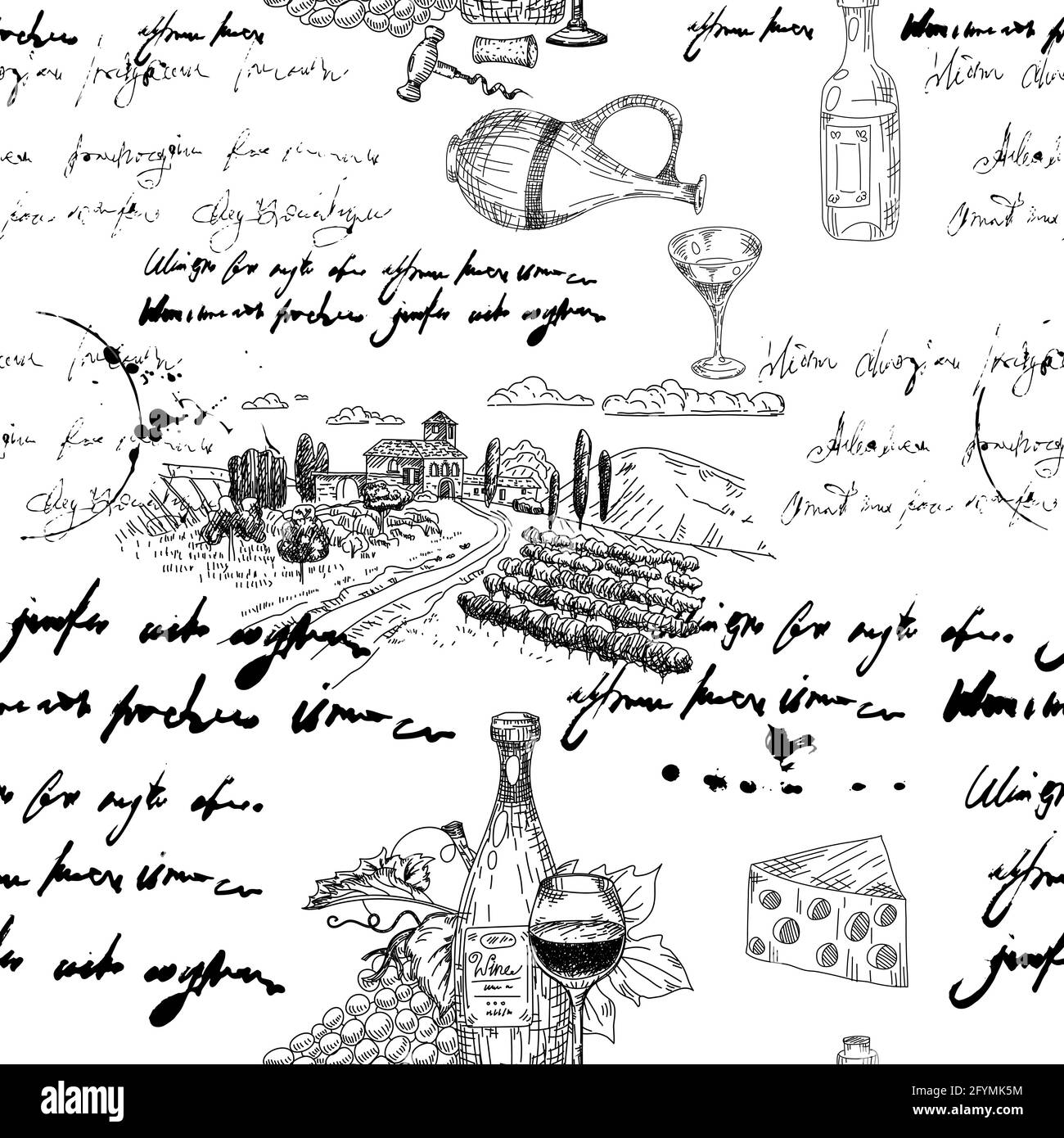 Motivo senza cuciture vino ramche, bottiglie, bicchieri, vigneto, testo illeggibile, fusto in legno, chee, cavatappi. Disegno a mano dello schizzo Doodle. Vettore Illustrazione Vettoriale