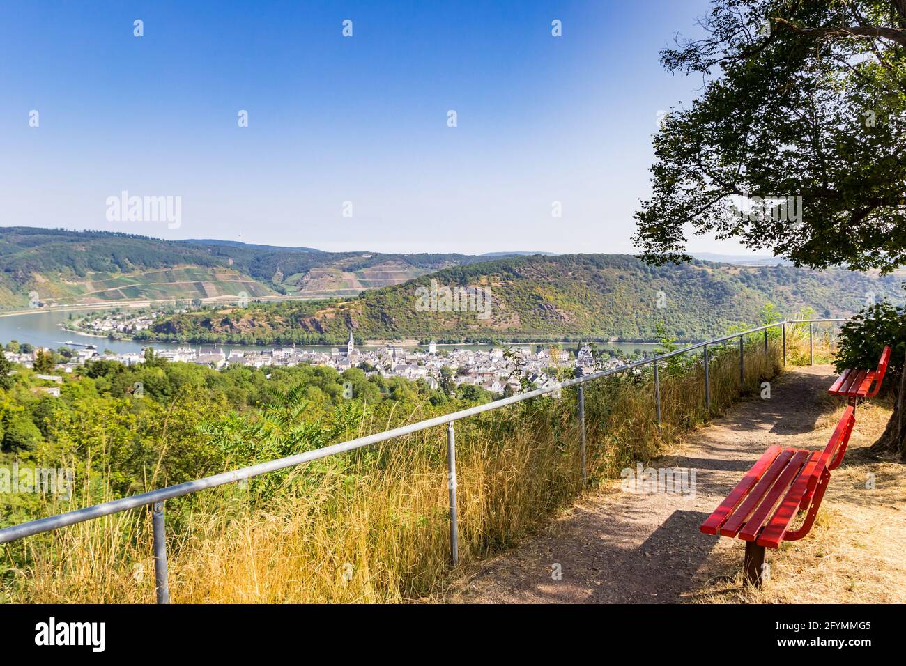 Panchine rosse che si affacciano sulla curva del fiume Reno vicino a Boppard, Germania Foto Stock