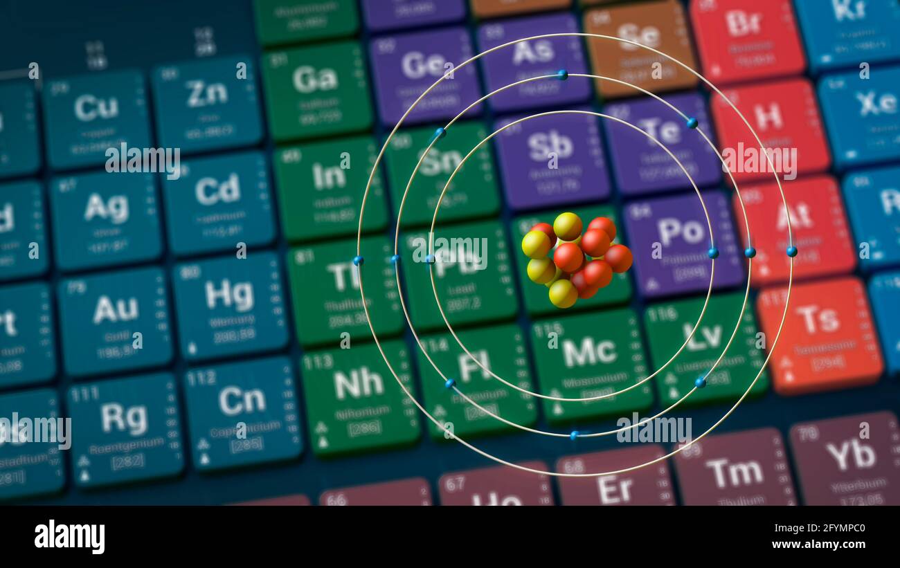 Atomo di magnesio davanti al tavolo periodico, illustrazione Foto Stock