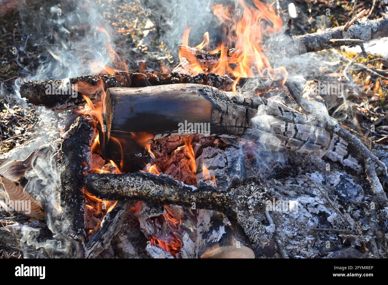 Fuoco di fuoco che brucia all'aperto in inverno Foto Stock