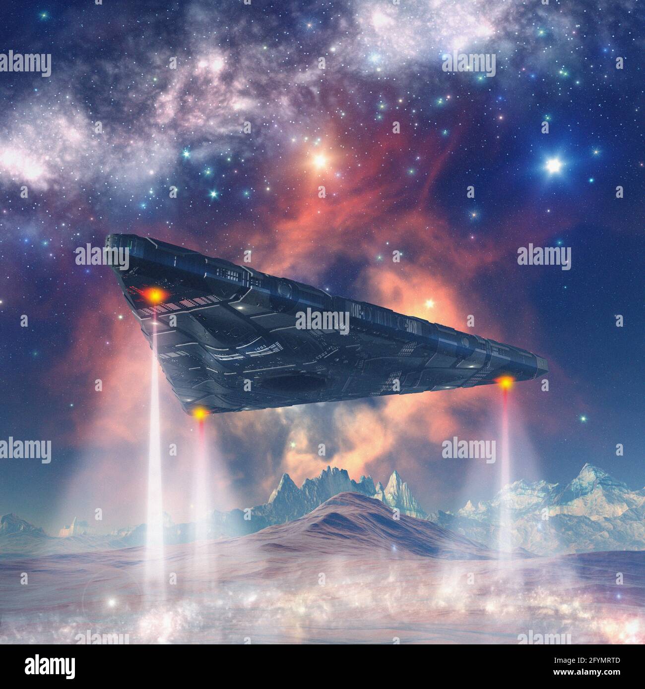 Atterraggio astronave su pianeta alieno, illustrazione Foto Stock