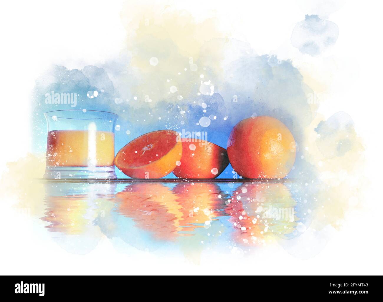 Arance e succo d'arancia, illustrazione Foto Stock