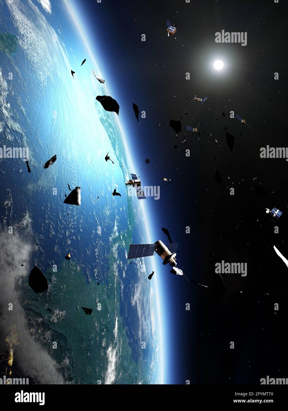 Spazzatura spaziale intorno alla Terra, illustrazione Foto Stock