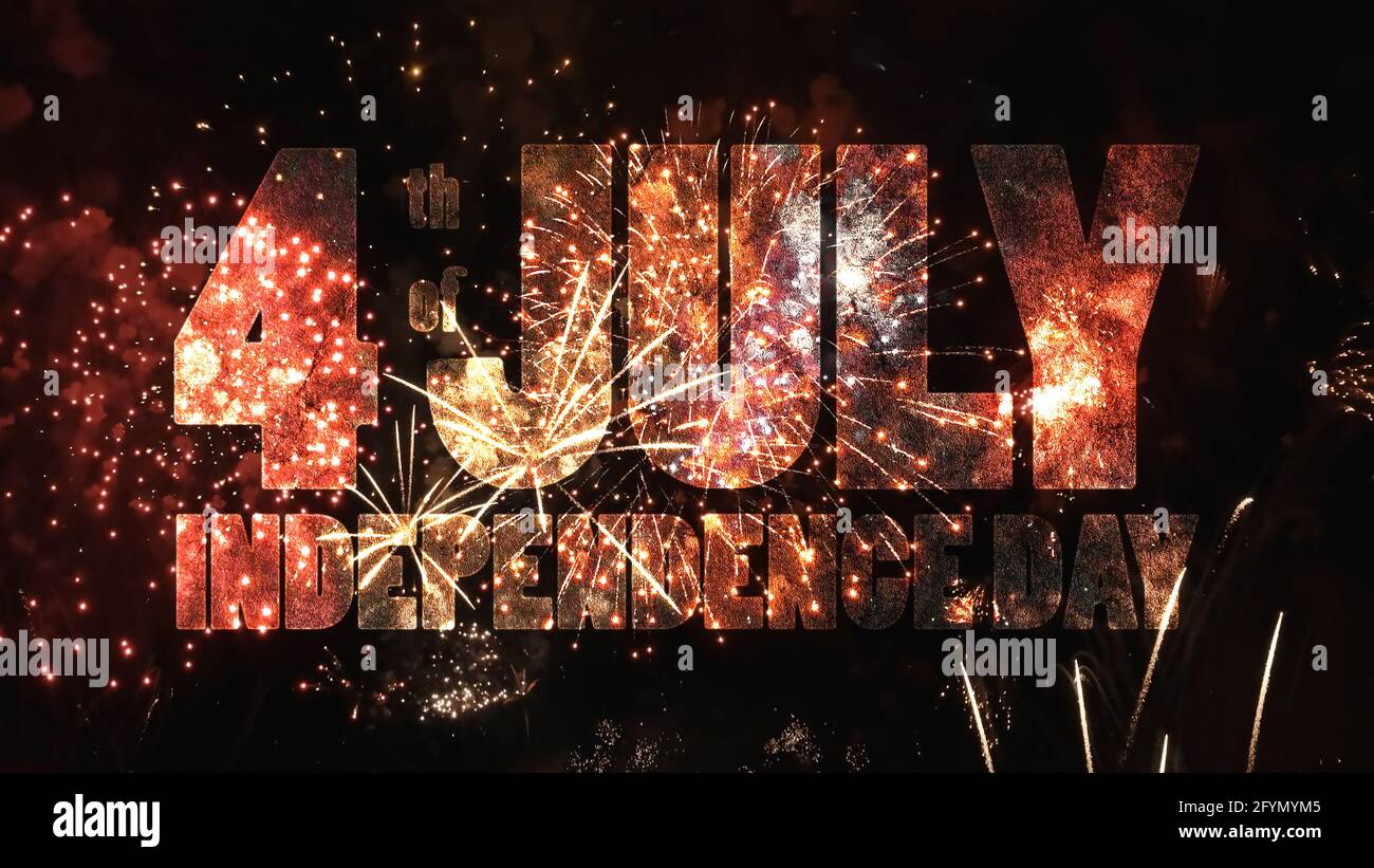 Il testo con texture grunge - 4 luglio Independence Day - su sfondo colorato fuochi d'artificio vacanza. Foto Stock