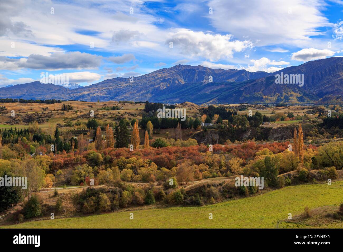 Campagna autunnale vicino a Arrowtown, nell'Isola del Sud della Nuova Zelanda, vista dalle montagne della catena montuosa della Corona Foto Stock