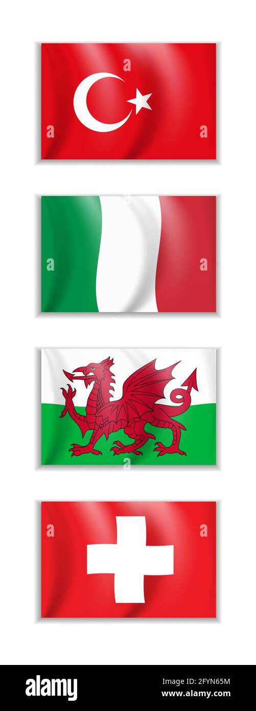 Serie di bandiere di Turchia, Italia, Galles e Svizzera. Business, viaggi, concetto di relazioni internazionali. Illustrazione vettoriale Illustrazione Vettoriale
