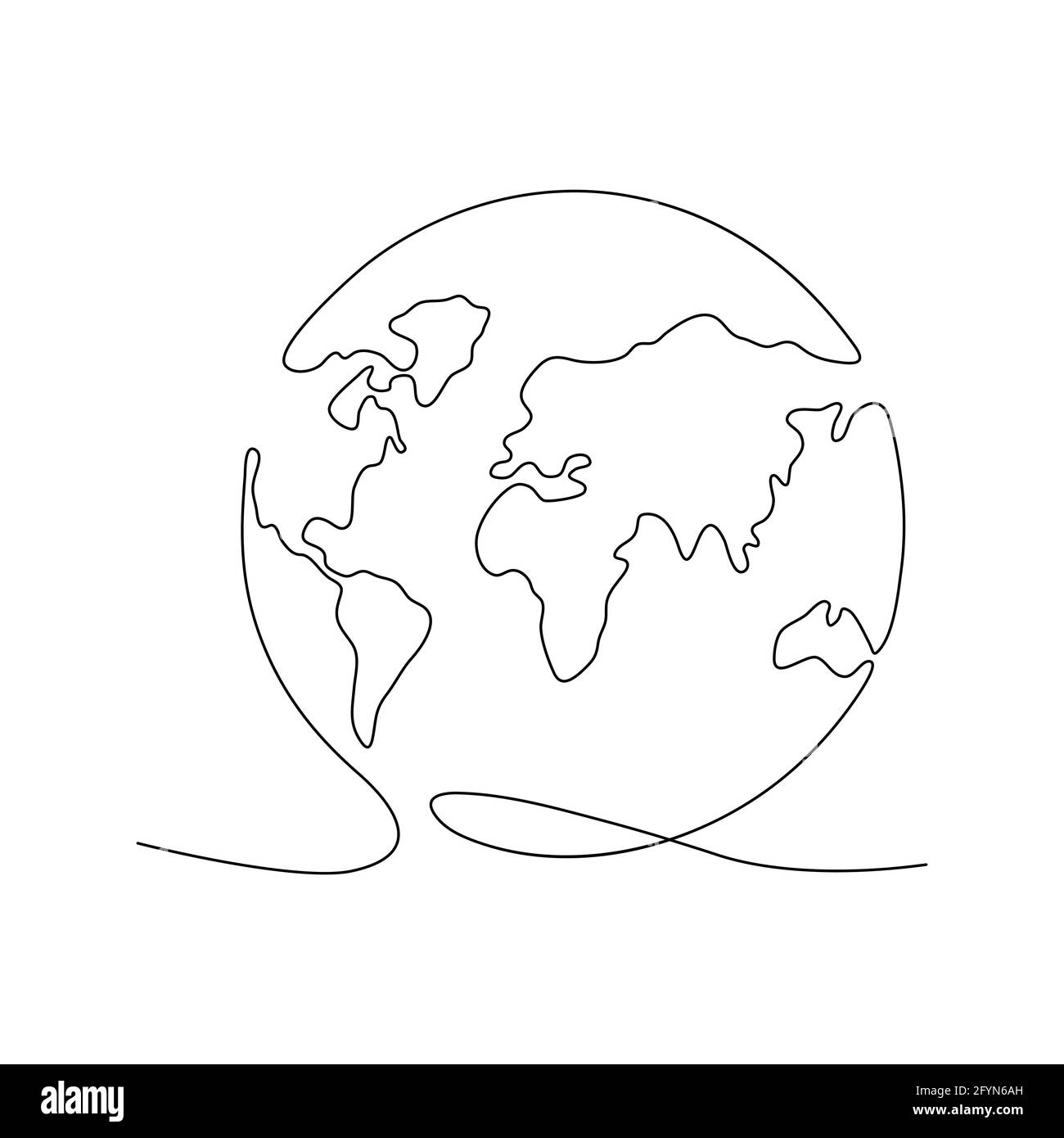 Simbolo di disegno della linea di terra continua. Mappa del mondo una linea art. Globo terrestre Insignia disegnata a mano Illustrazione Vettoriale
