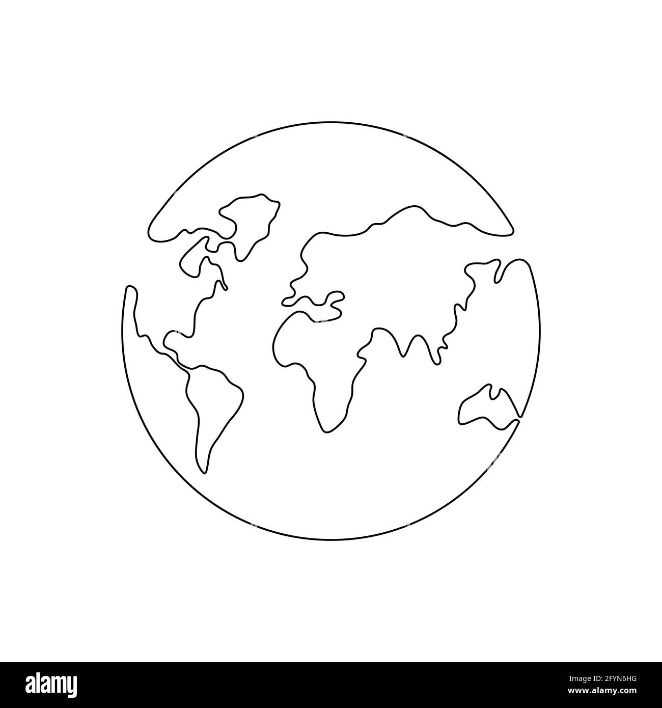 Simbolo di disegno della linea di terra continua. Mappa del mondo una linea art. Globo terrestre Insignia disegnata a mano Illustrazione Vettoriale