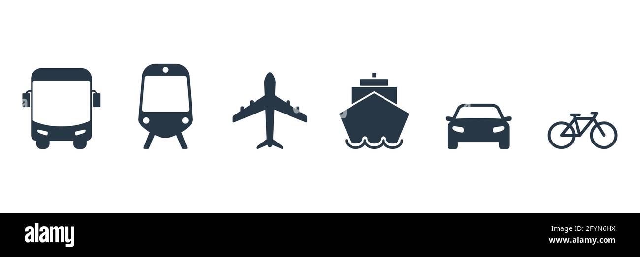 Set di icone per il trasporto. Aeroplano, autobus pubblico, bici, treno, nave e auto cartelli. Collezione di silhouette nera per il trasporto. Illustrazione Vettoriale