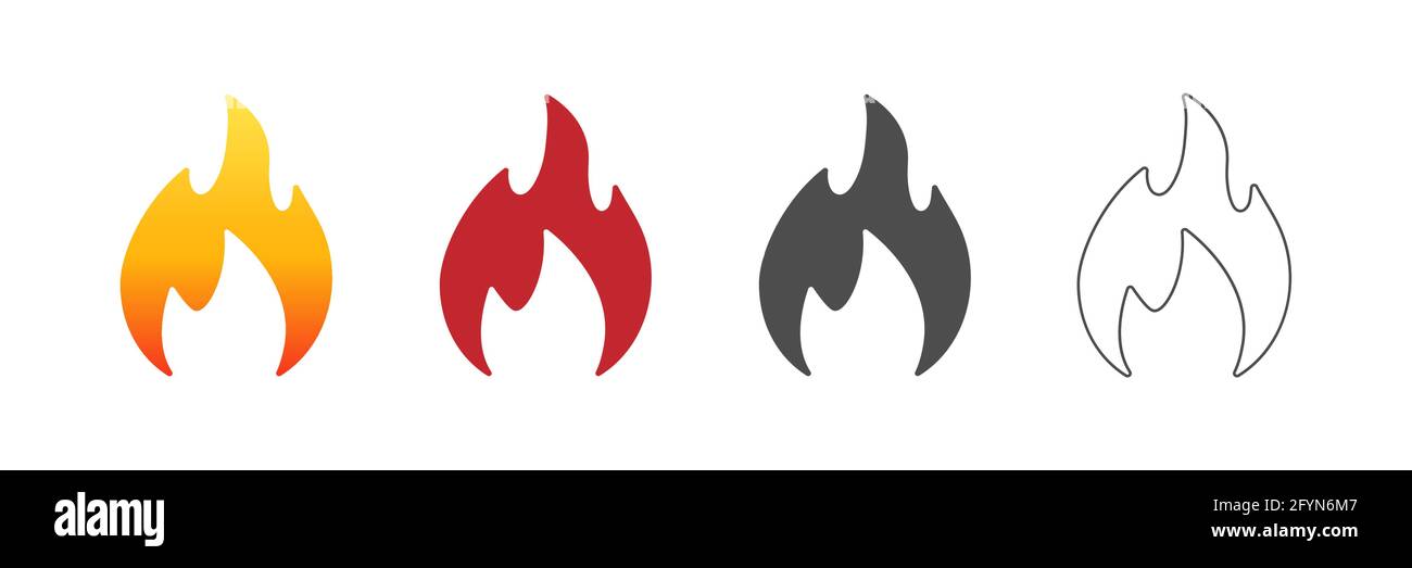 Icona fiamma fuoco impostata. Collezione di simboli fuoco piatti. Vettore isolato su sfondo bianco. Illustrazione Vettoriale
