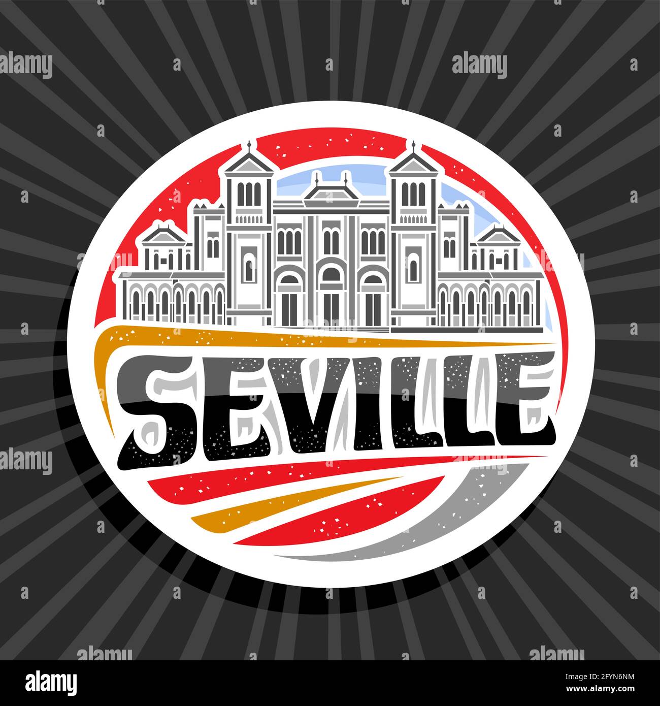 Logo vettoriale per Siviglia, etichetta decorativa bianca con contorno illustrazione della città di siviglia su sfondo cielo giorno, art design magnete frigo con u Illustrazione Vettoriale