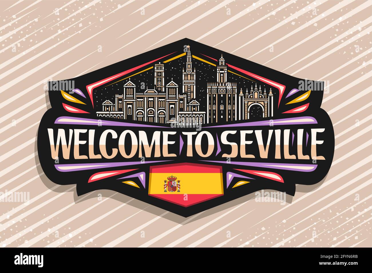 Logo vettoriale per Siviglia, etichetta decorativa nera con contorno illustrazione della città di siviglia paesaggio su sfondo crepuscolo cielo, art design magnete frigo con un Illustrazione Vettoriale