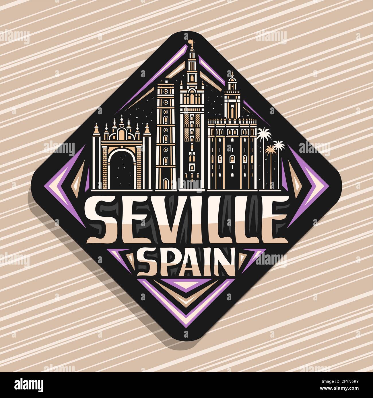 Logo vettoriale per Siviglia, segno nero rombus con illustrazione del paesaggio europeo di siviglia sullo sfondo del cielo notturno, frigorifero decorativo magne Illustrazione Vettoriale