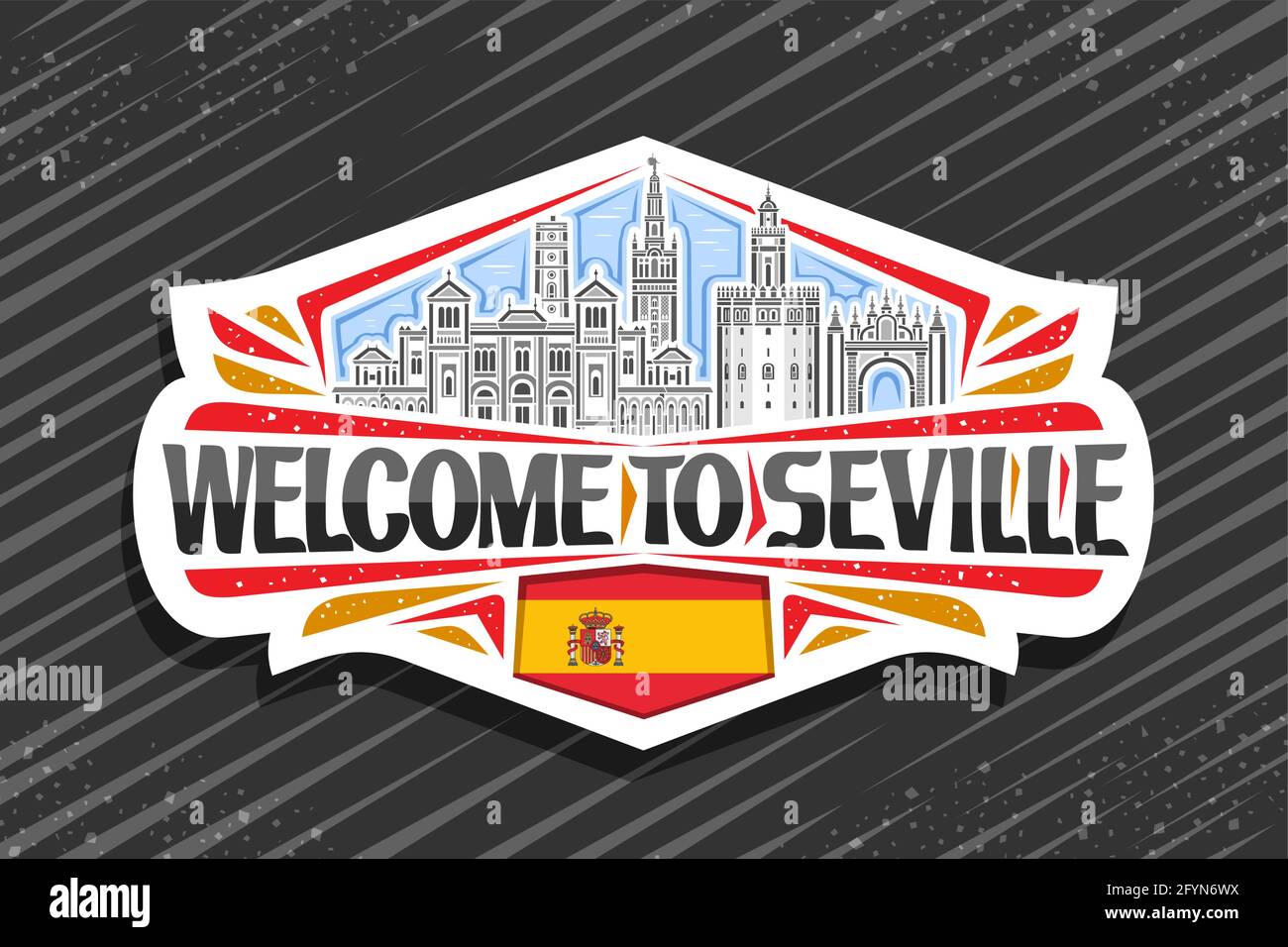 Logo vettoriale per Siviglia, segno decorativo bianco con illustrazione del paesaggio della città di siviglia sullo sfondo del cielo del giorno, magnete frigorifero design d'arte con bru unico Illustrazione Vettoriale