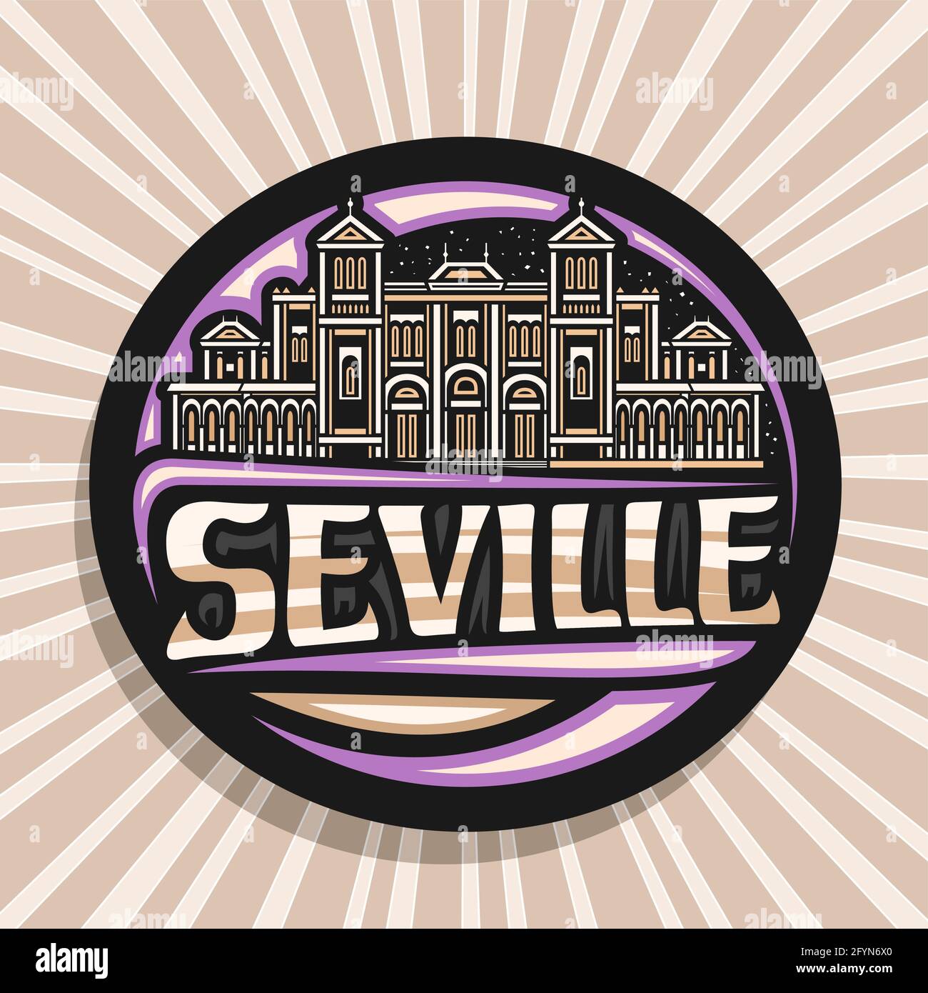 Logo vettoriale per Siviglia, badge decorativo nero con illustrazione della città europea di siviglia su sfondo cielo crepuscolo, magnete per frigorifero di design artistico Illustrazione Vettoriale