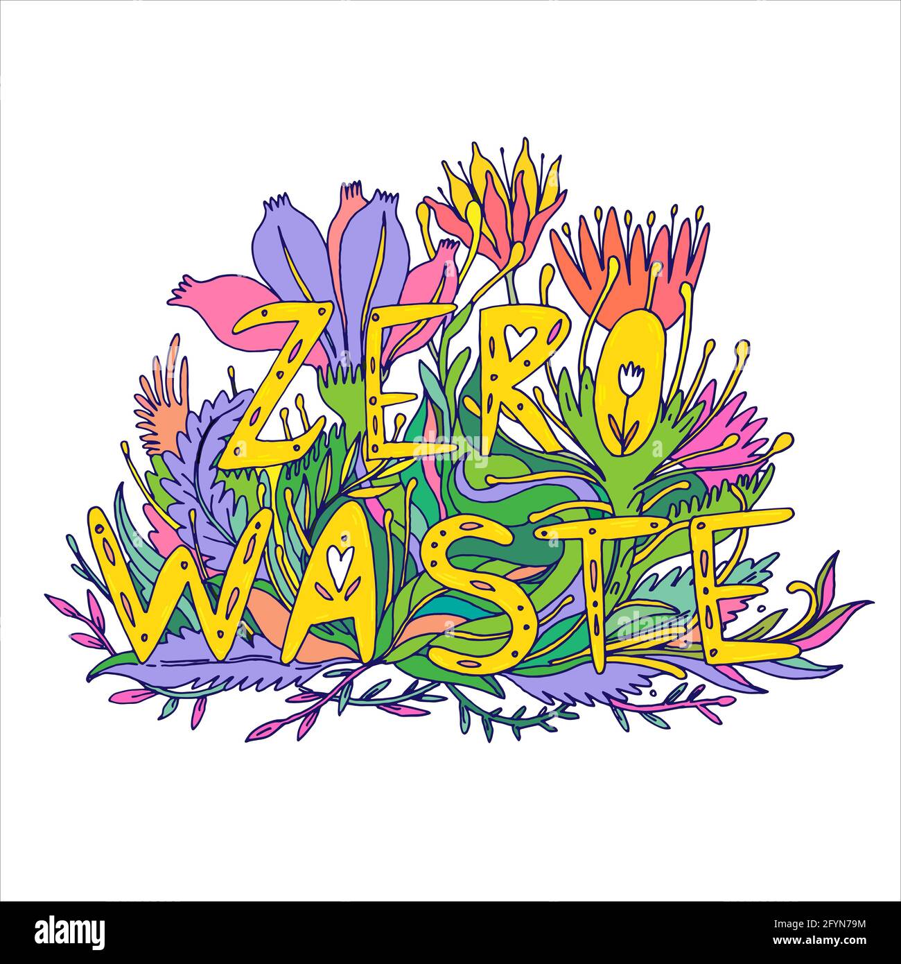 Zero testo della parola di scarto. Eco friendly mano disegnare frase scritta con foglie e fiori. Per biglietti, poster, adesivi, stampe, striscioni, volantino, design tessile Illustrazione Vettoriale