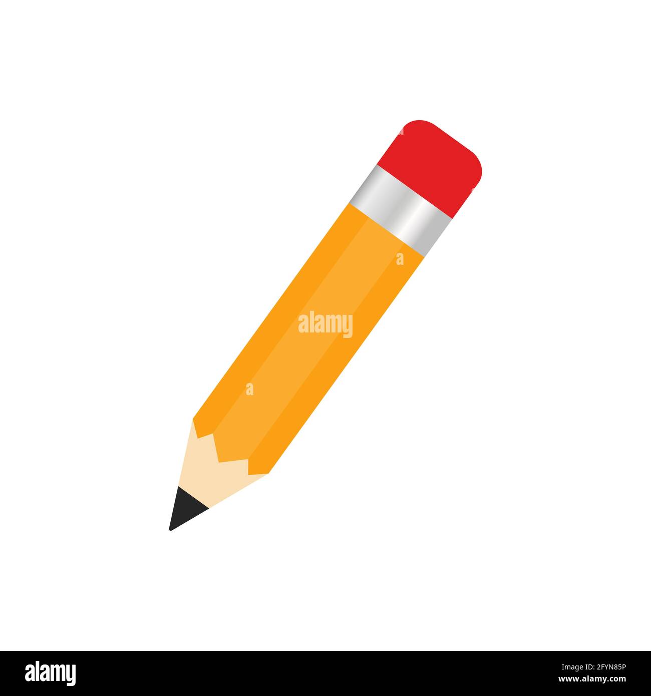 Icona piatta a matita gialla. Scrivere a matita con un elastico rosso. Attrezzature per l'istruzione. Illustrazione Vettoriale