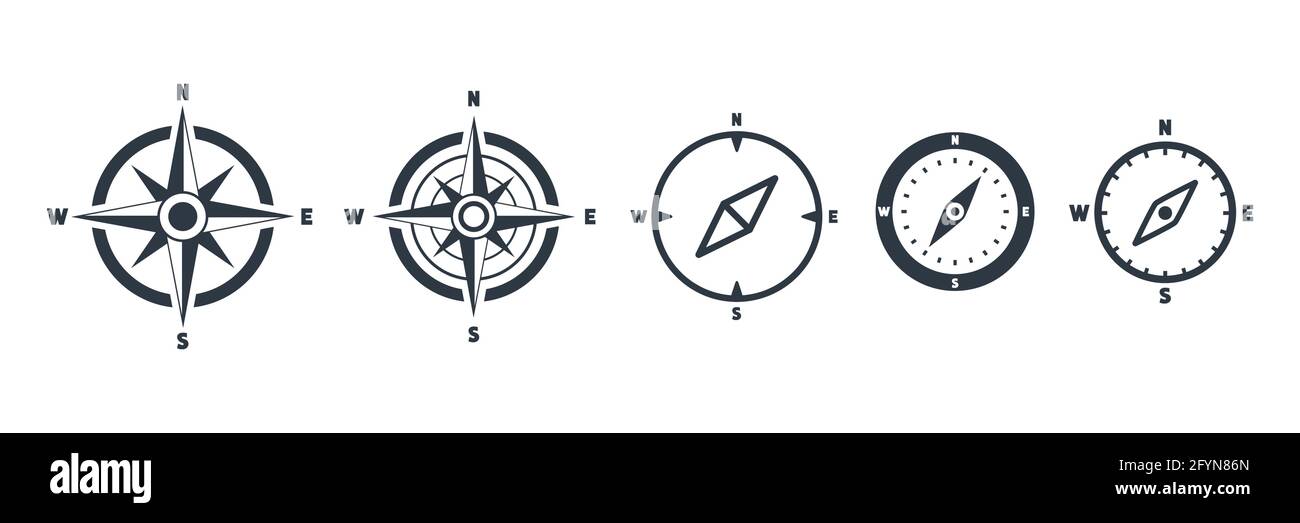 Set di icone bussola. Raccolta di pittogrammi di navigazione. Vettore isolato Illustrazione Vettoriale