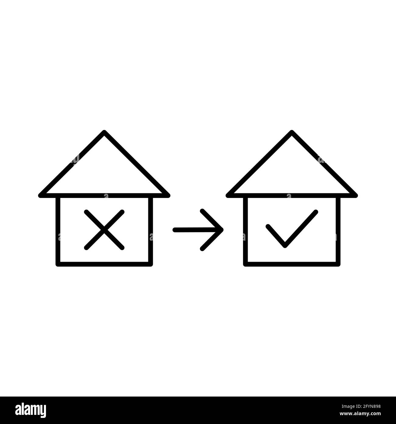 Casa con segno di spunta icona Sì e No. Segno ipotecario lineare. Simbolo di appartamento per approvazione e rifiuto. Illustrazione Vettoriale