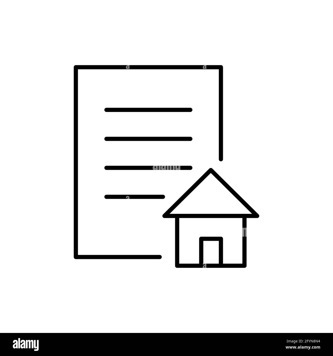 Documento con l'icona del contorno della casa. Documenti della riga della proprietà. Informazioni sul contratto immobiliare. Concetto di ipoteca Illustrazione Vettoriale