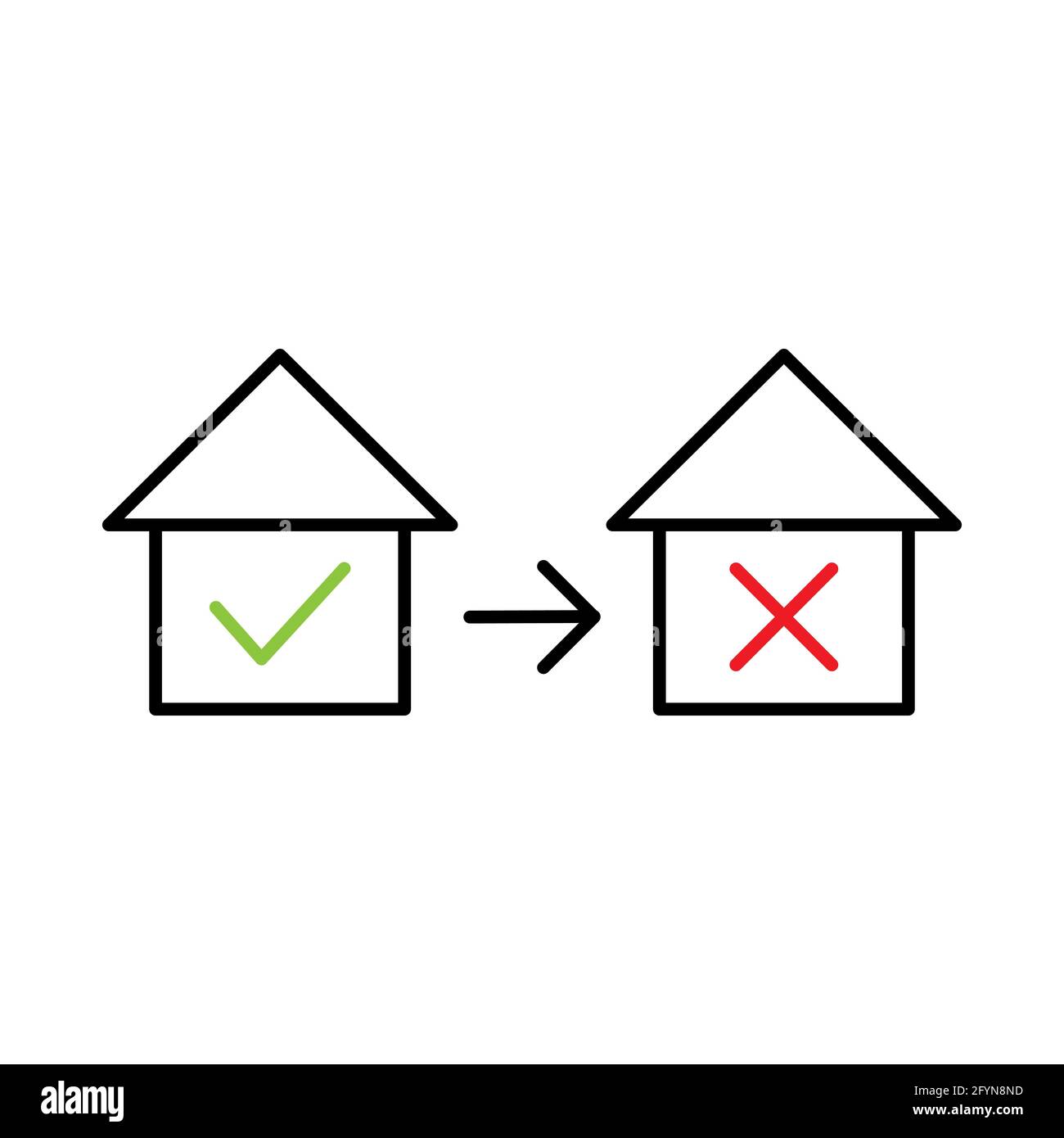 Casa con segno di spunta icona Sì e No. Segno ipotecario lineare. Simbolo di appartamento per approvazione e rifiuto. Illustrazione Vettoriale