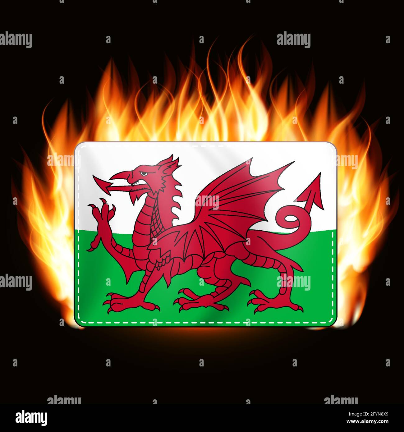 Concept Wales bandiera su sfondo fuoco. Simbolo del paese. Illustrazione vettoriale Illustrazione Vettoriale