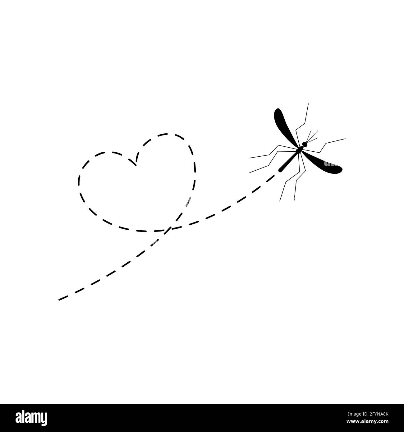 Set di icone di zanzara. Zanzare che volano su un percorso punteggiato. Illustrazione vettoriale isolata su sfondo bianco Illustrazione Vettoriale