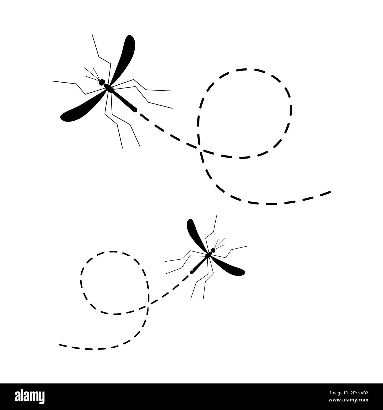 Set di icone di zanzara. Zanzare che volano su un percorso punteggiato. Illustrazione vettoriale isolata su sfondo bianco Illustrazione Vettoriale