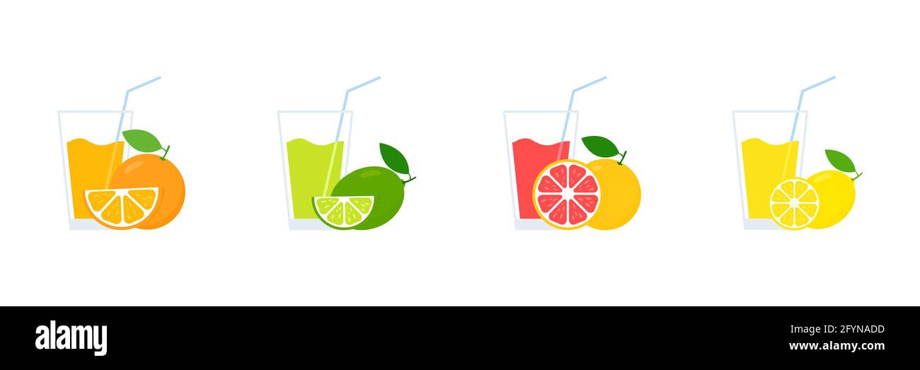 Succhi di frutta cocktail nella collezione di bicchieri. Set di bevande all'arancia, al pompelmo, al limone e al lime. Illustrazione Vettoriale