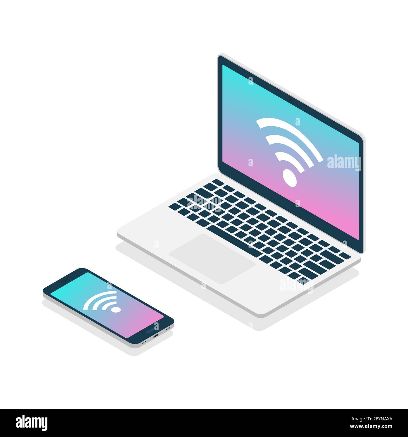 Notebook e smartphone in stile isometrico. Dispositivi 3d portatili con segnale Wi-Fi. Illustrazione Vettoriale