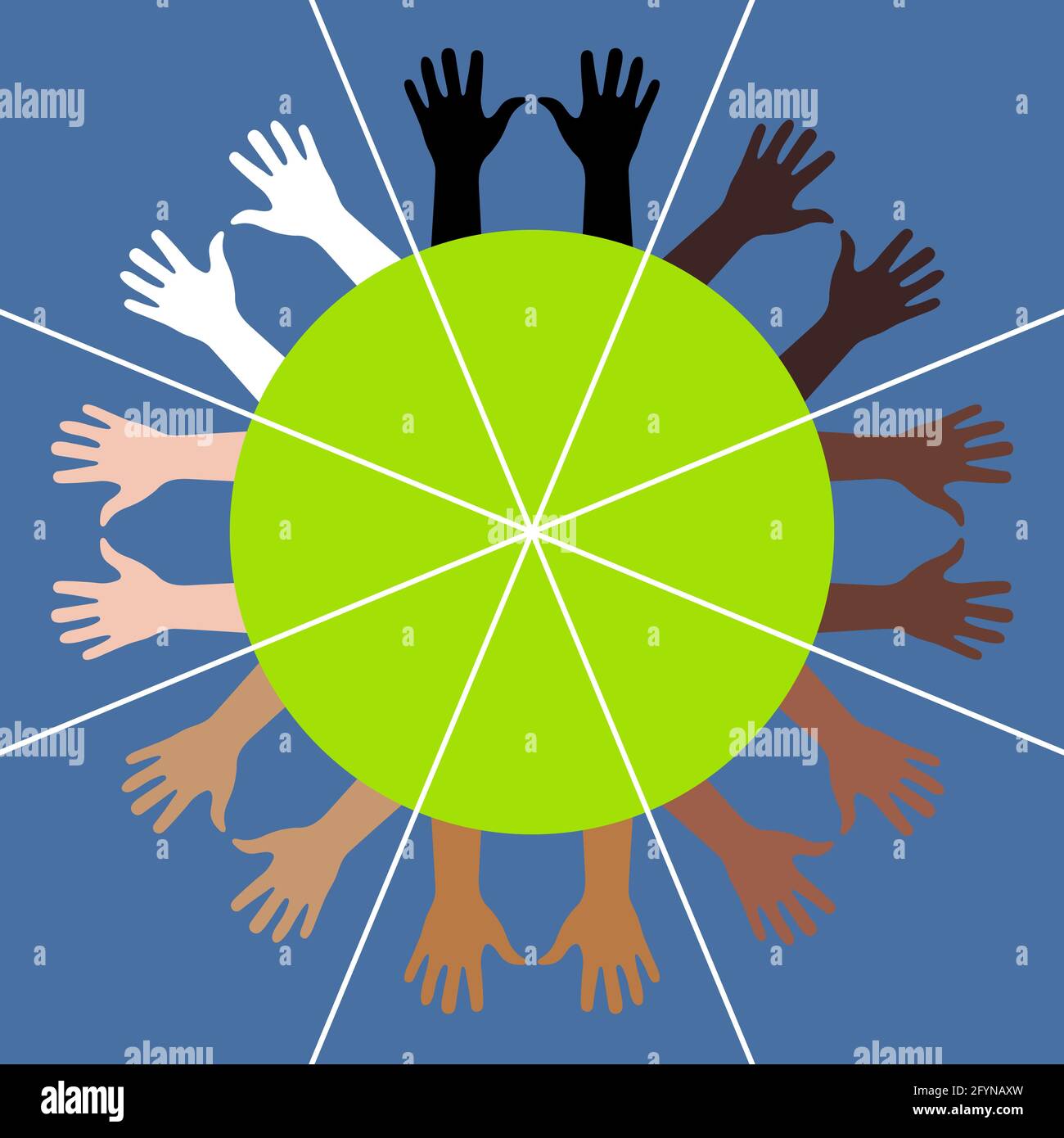 Colori diversi le mani divergono radialmente dal centro del cerchio. Sfera divisa in 8 settori. 4 razze umane e 8 coppie di mani. Mani con i palmi in su. Verde Illustrazione Vettoriale