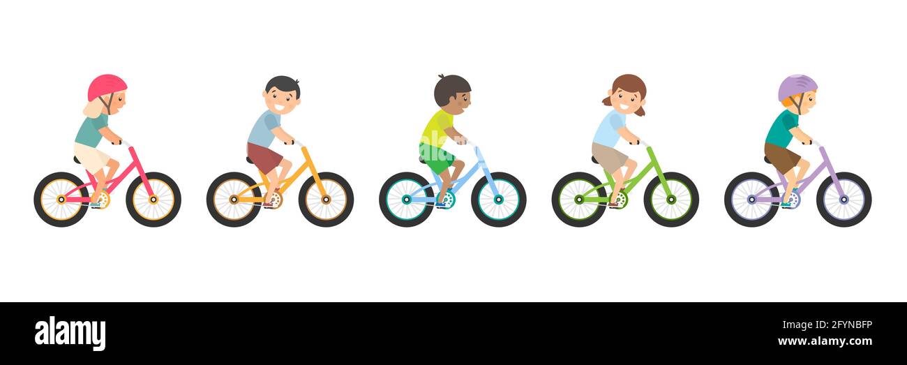 Carino bambini felici che cavalcano le biciclette. Diversi bambini cavalcano le biciclette. Illustrazione Vettoriale
