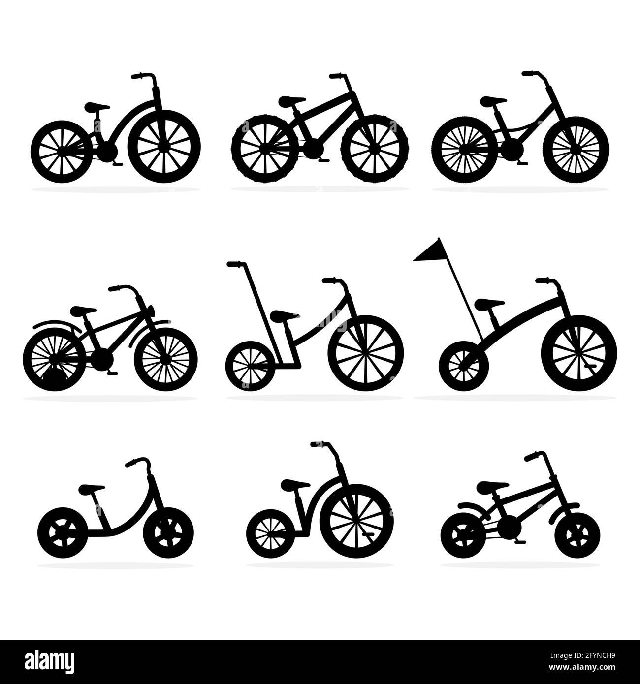 Set di icone per bambini in bicicletta. Collezione di silhouette per biciclette Illustrazione Vettoriale