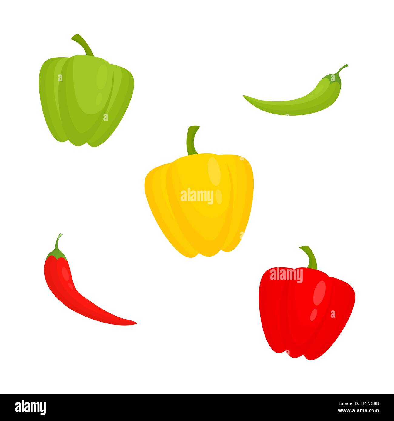 Icona impostazione peperoni. Verdure fresche al pepe rosso, giallo e verde. Paprika peperoncino vegetale. Illustrazione Vettoriale