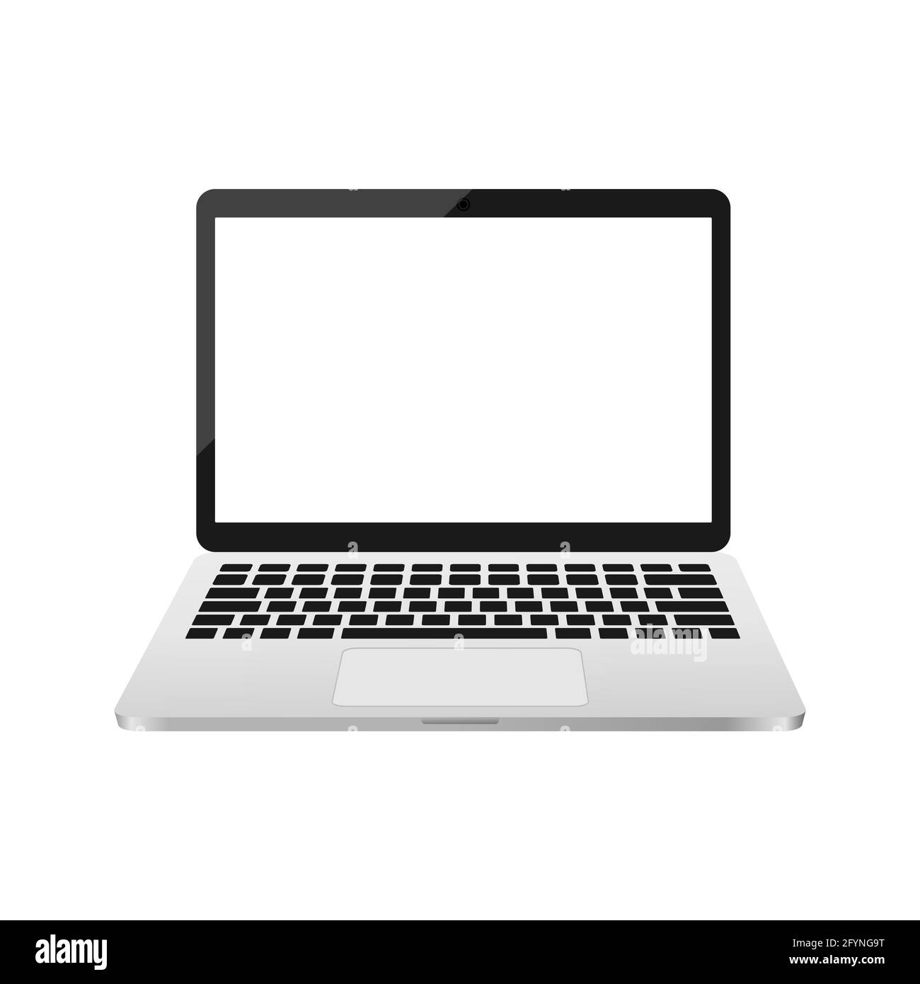 Computer portatile con schermo bianco vuoto. Computer portatile 3d realistico. Tecnologia digitale moderna vuota con concetto di spazio di copia. Vettore isolato Illustrazione Vettoriale