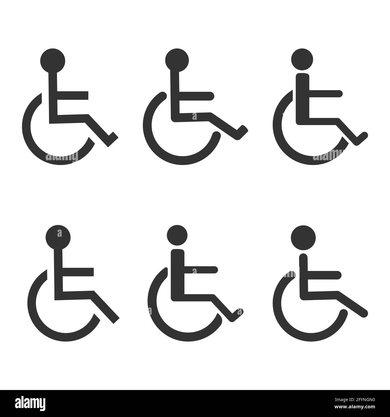 Gruppo di icone handicap disattivato. Ritiro dei cartelli per il parcheggio per sedie a rotelle. Vettore isolato su bianco Illustrazione Vettoriale