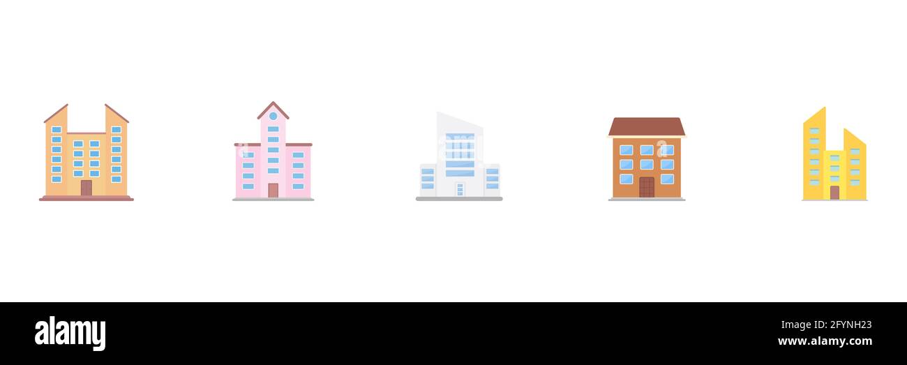 Icona di costruzione grande insieme. Edifici moderni e simbolo della tenuta, collezione colorata. Vettore isolato su bianco Illustrazione Vettoriale