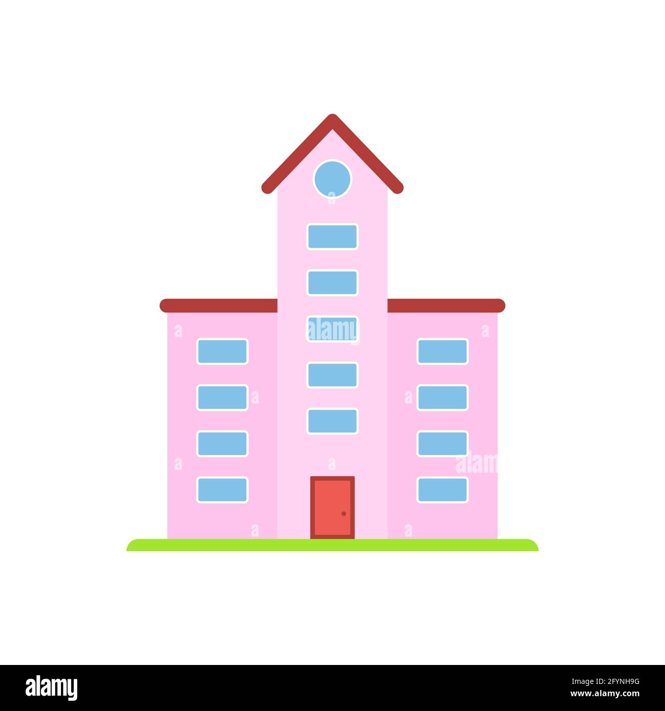 Edificio rosa con tetto rosso. Casa moderna o simbolo immobiliare in stile appartamento. Hotel o edificio scolastico. Cartello di proprietà privata. Illustrazione Vettoriale