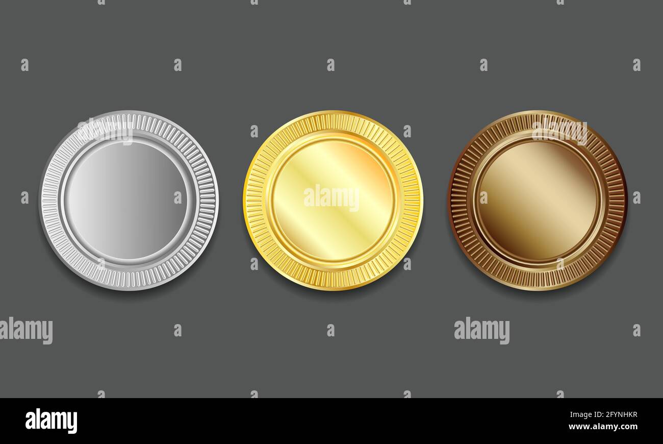 Template vettoriali vuoti per premi vincitori medaglie, monete, cartellini prezzi, sport, bottoni da cucire, pulsanti, icone o medaglie con argento dorato e br Illustrazione Vettoriale