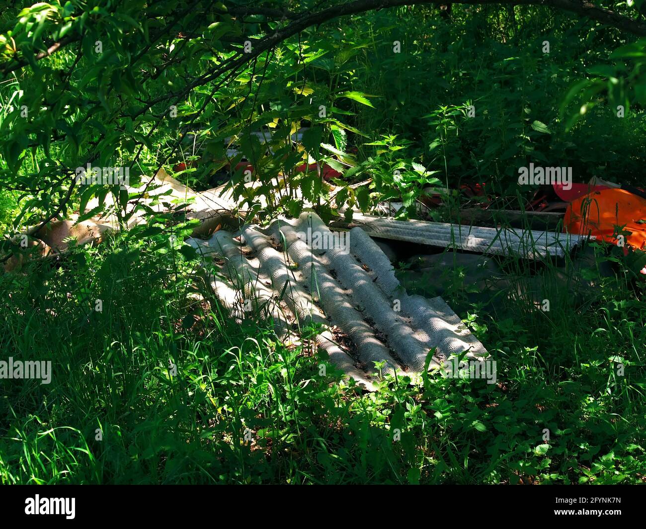 detriti di costruzione si trovano nel giardino, in estate Foto Stock